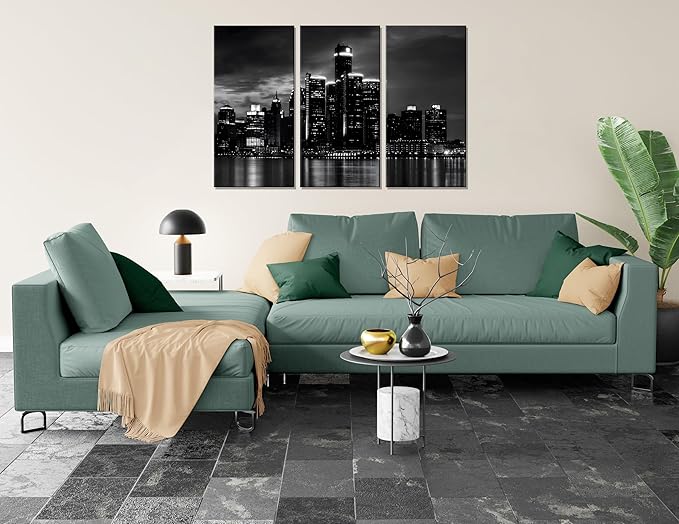 NAN Wind 3 Pcs Detroit Skyline Canvas Wall Art Cityscape Night Scene Black and White City Art Print on Canvas Modern Giclee Framed Painting for Room Decor Home Decor Detroit Skyline Picture Prints