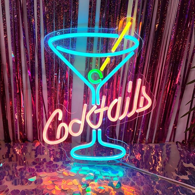 Cocktail Neon Sign, 11" x 13.7" Multicolor Acrylic Wall Mount, Tabletop, Hanging Chain LED Sign for Home Bar Decor