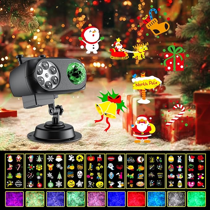 Christmas Light Projector Outdoor, RGBW Water Ripple with 10 Slides, 3D Moving Patterns, Remote Control Waterproof Christmas Projector Lights for Outdoor Yard House Garden Holiday Decorations