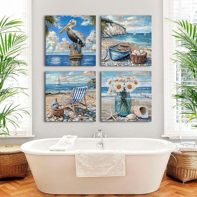 Nautical Beach Bathroom Wall Decor Retro Seascape Picture Canvas Prints Bedroom Coastal Pelican Poster for Living Room Teal Beach Flower Boat Wooden Grain Art Framed Artwork Home Decorations 20x20 4P