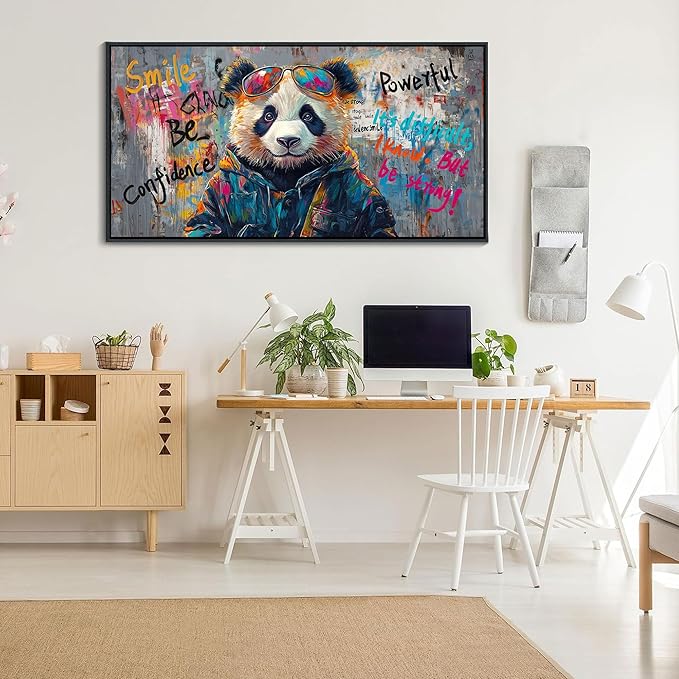 JEAWA Graffiti Abstract Wall Art, Cute Panda Street Cool Pop Framed Canvas Animal Paintings for Living Room Bedroom Bathroom Teenage Boy Game Room Inspirational Picture Wall Decor 20x40 IN