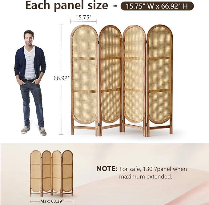 4 Panels Room Dividers and Hand-Woven Rattan Room Divider Wall, Wood Room Divider Folding Privacy Screens for Home Office Bedroom, Light Brown