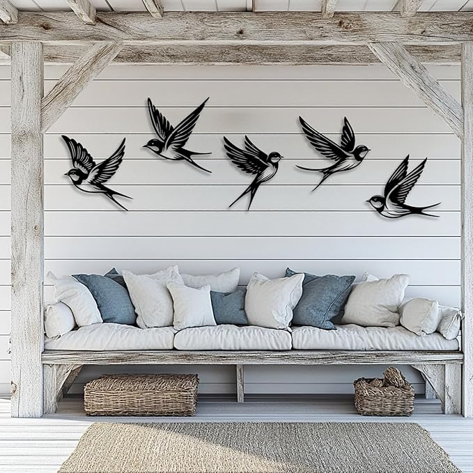 LIYOUYA 5 Pieces Metal Bird Wall Decor - Rustic Farmhouse Room Decor Simple Bird Flock Black Wall Art Home Decor for Living Room, Bedroom, Dining Room, Farmhouse (Black)