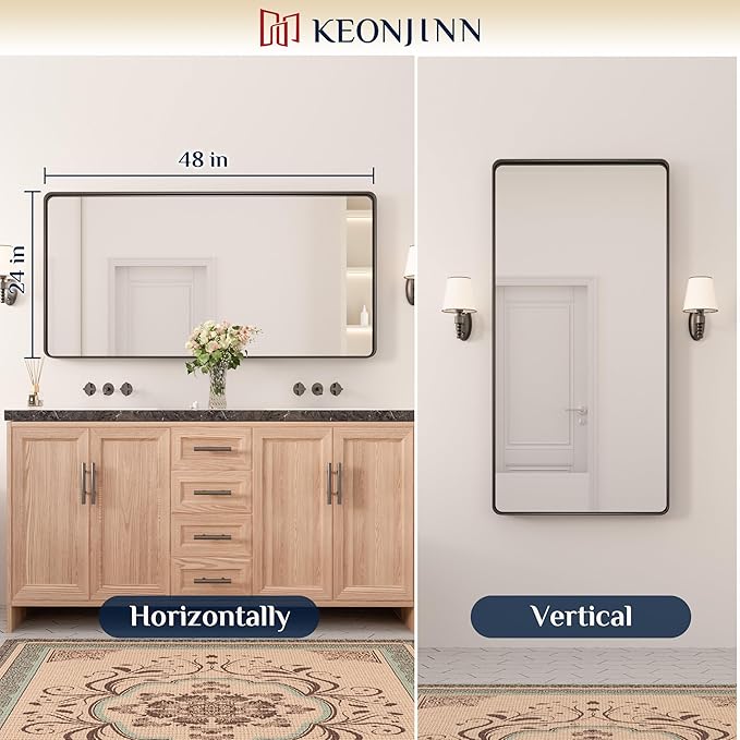 Keonjinn Black Bathroom Mirror for Over Sink, 48 x 24 Inch Large Rounded Rectangle Bathroom Vanity Mirror, Matte Black Farmhouse Wall Mirror, Tempered Glass, Seamless Aluminum Alloy Frame Full Mirror