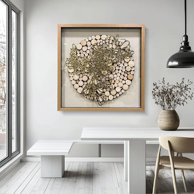 BrightA 3D Textured Wood Block Wall Art - Hand-Assembled Timber Base with Golden Vine Metal Accents, Tempered Glass & Solid Wood Frame Contemporary Decorfor Living Room Office 31.5"x31.5"