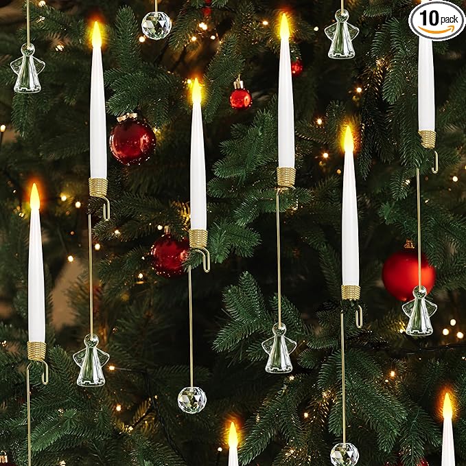Christmas Tree Candles, 10 Pack Flameless Taper Candles for Christmas Tree Decor, Fake LED Candle Battery Operated with Remote for Xmas Wedding Home Gift with Crystal Ball Angel Hook