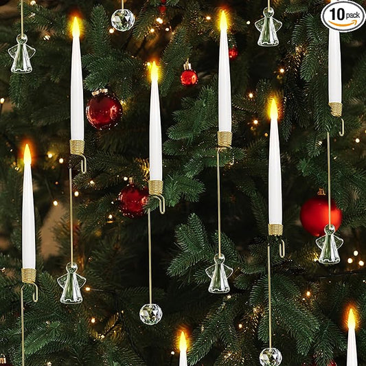 Christmas Tree Candles, 10 Pack Flameless Taper Candles for Christmas Tree Decor, Fake LED Candle Battery Operated with Remote for Xmas Wedding Home Gift with Crystal Ball Angel Hook