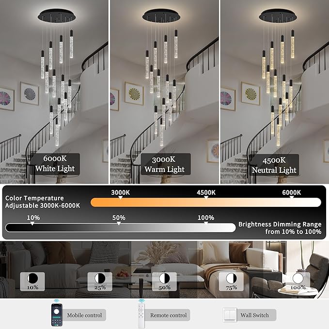 12-Lights High Ceiling Crystal Chandelier, Modern Large LED Raindrop Pendant Light Fixture 98.5" H Flush Mount Chandelier Black for Foyer Staircase Villa Living Room