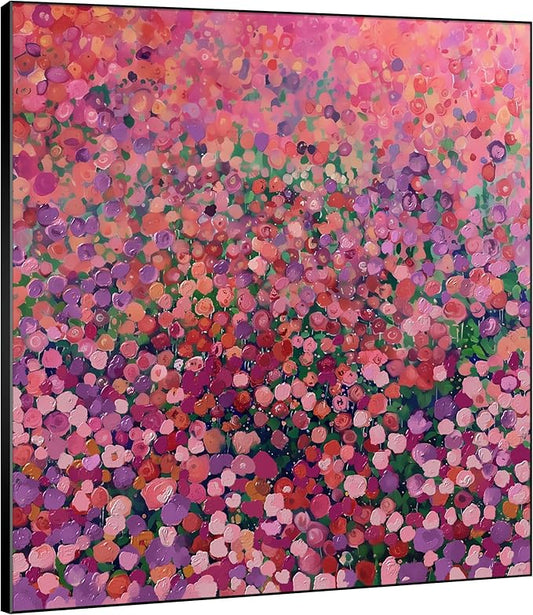 36"x36" Large Framed Wall Art Colorful Wildflower Garden Abstract Pink and Red Floral Field (Frame Assembly Required)