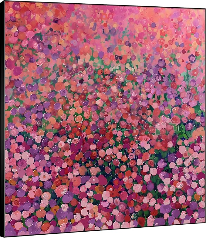 60"x60" XL Framed Wall Art Colorful Wildflower Garden Abstract Pink and Red Floral Field (Frame Assembly Required)