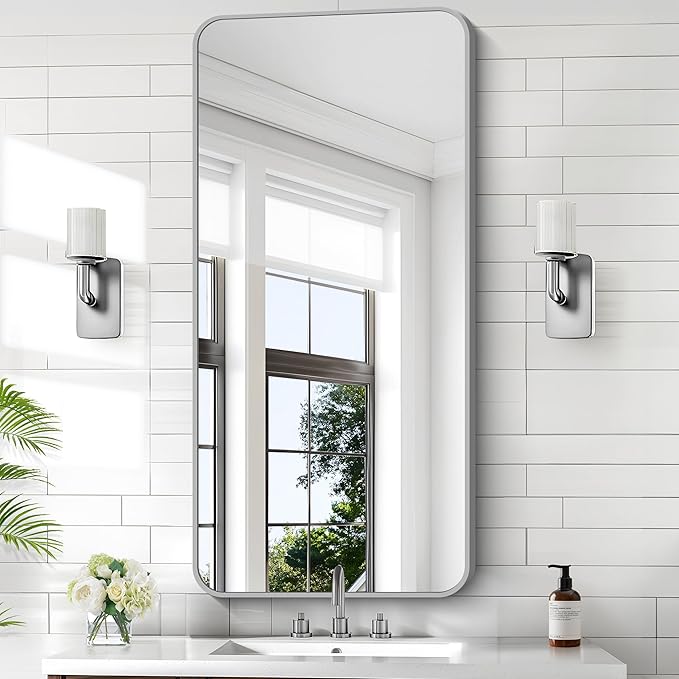 KOCUUY Silver Bathroom Mirror, 24x48 Inch Bathroom Mirror for Over Sink, HD Tempered Glass, Anti-Rust Brushed Silver Frame, Rounded Corner Modern Design for Bathroom, Hang Horizontal/Vertical