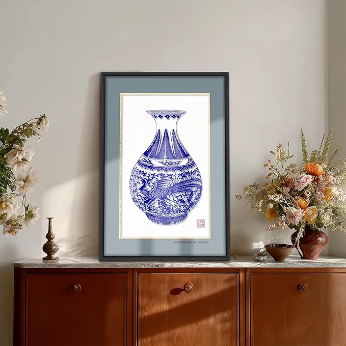 crmotu Chinoiserie Wall Art, Chinoiserie Paper-cutting Wall Decor Set of 4, Oriental Blue and White Porcelain Vase Framed Asian Art for Living Room Hallway Hotel Antique Wall Decor, 17X25 Inch
