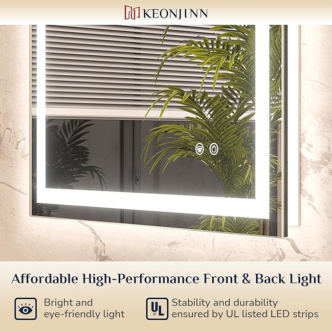 Keonjinn LED Bathroom Mirror with Light 60 x 36 Inch, Frontlit & Backlit Vanity Mirrors with 3 Color Lights, Large Stepless Dimmable Mirror with Anti-Fog, HD Tempered Glass, UL-Listed LED Driver