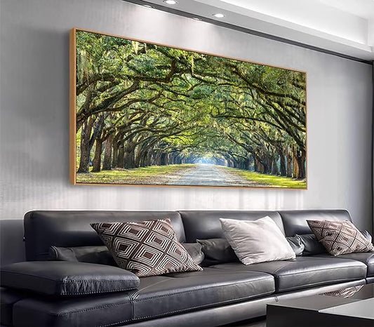 arteWOODS Green Forest Framed Canvas Wall Art Oak Trees Covered Lane Pictures Art Print Green Nature Landscape Artwork Oak Trees Lined Road at Georgia, Natural Wood Frame, Ready to Hang, 20" x 40"