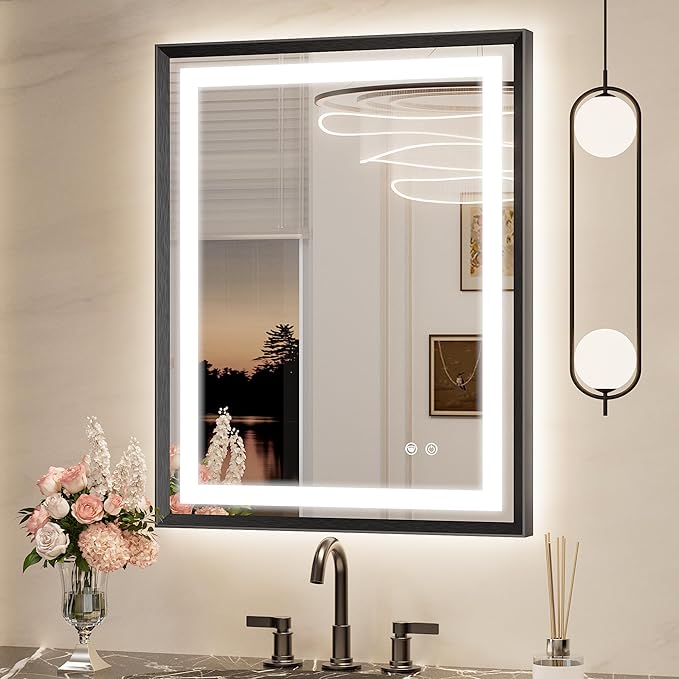 Keonjinn Black LED Mirror for Bathroom 24 x 30 Inch, Frontlit & Backlit Bathroom Vanity Mirror with Lights, HD Tempered Glass, UL Listed LED Driver, Beveled Framed, 3 Color Lights, Anit-Fog, Dimmable