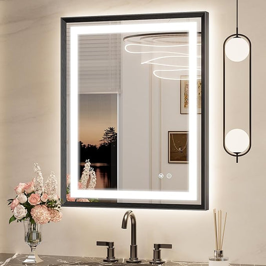 Keonjinn Black LED Mirror for Bathroom 24 x 30 Inch, Frontlit & Backlit Bathroom Vanity Mirror with Lights, HD Tempered Glass, UL Listed LED Driver, Beveled Framed, 3 Color Lights, Anit-Fog, Dimmable