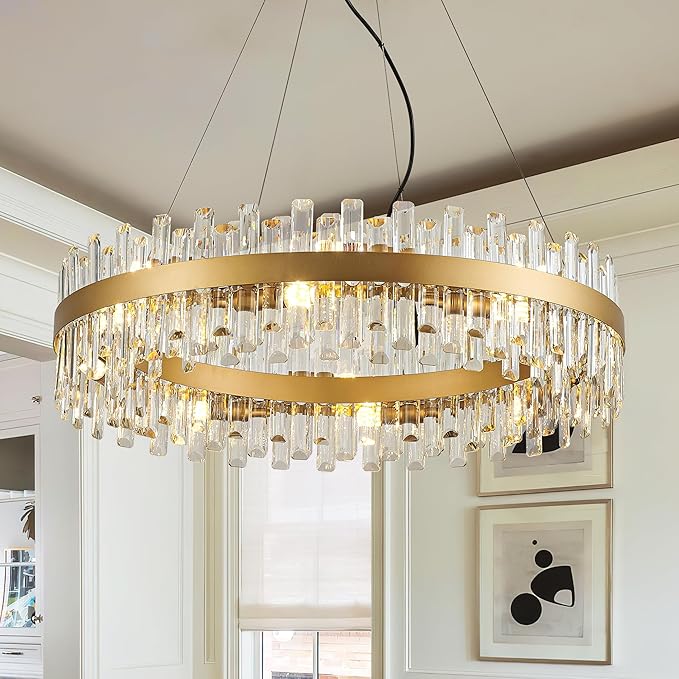 31.9" Gold Modern Crystal Chandelier Light Fixtures Luxury 2 Rings Crystal Chandeliers for Dining Room 16-Light Round Hanging Pendant Lighting for Living Room Kitchen Island Entryway Bedroom