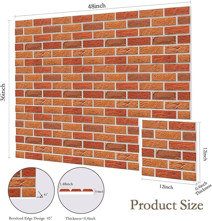 12Pack Acoustic Panels, Self-Adhesive 3D Brick Pattern Sound Proof Panels for Walls, Decorative Sound Dampening Wall Panels for Recording Studios, Offices, Home, 12"×12"×0.4", Red