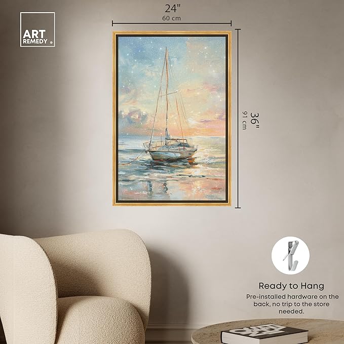 Art Remedy Boat On The Shore Framed Sailing 1 Piece Canvas Wall Art, 25.5" x 37.5", Gold Frame