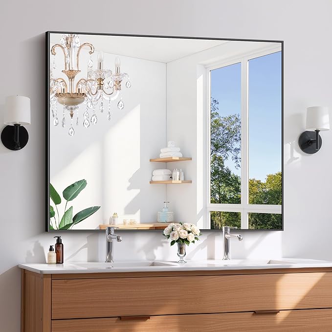 KOCUUY Black Bathroom Mirror, 40"x48" Large Rectangular Mirror with Metal Frame, Black Vanity Mirror with Modern Design for Bathroom, Living Room, Entryway, Hang Horizontal/Vertical