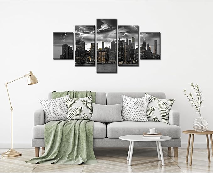 Cawpom Black and White New York Skyline Wall Art Manhattan Storm Cityscape Wall Decor Picture Canvas Print Nature Lightning Strikes Painting Poster Frame Home Living Room Decoration(60x32 inches)