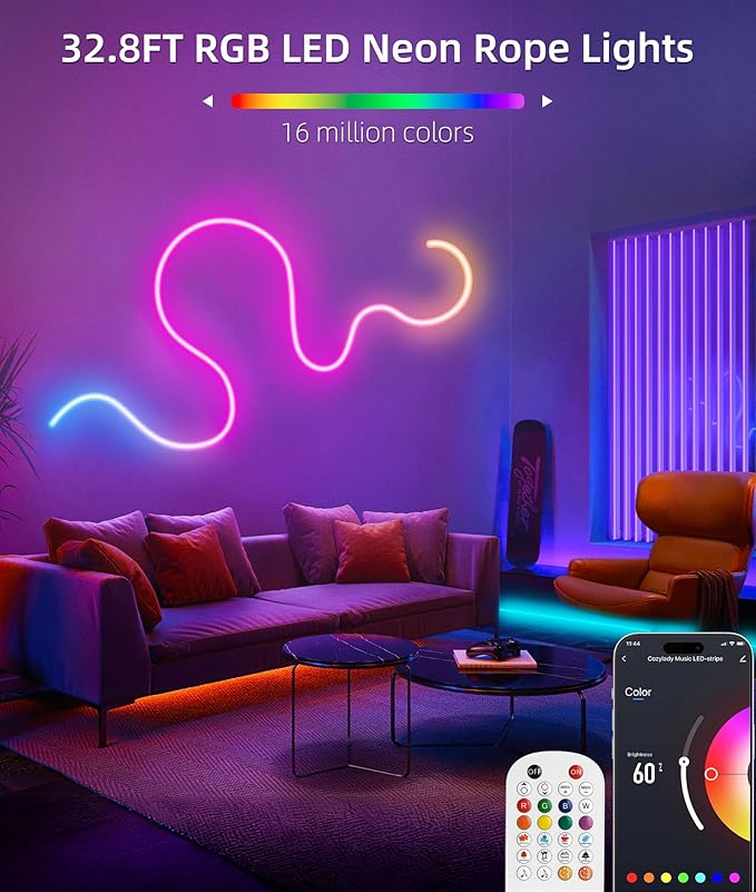 Lamomo LED Neon Rope Lights 32.8Ft, RGB LED Strip Lights Control with App/Remote, Music Sync Color Changing Waterproof Flexible Led Light Strip, Cuttable Gaming Neon Lights for Bedroom Indoor