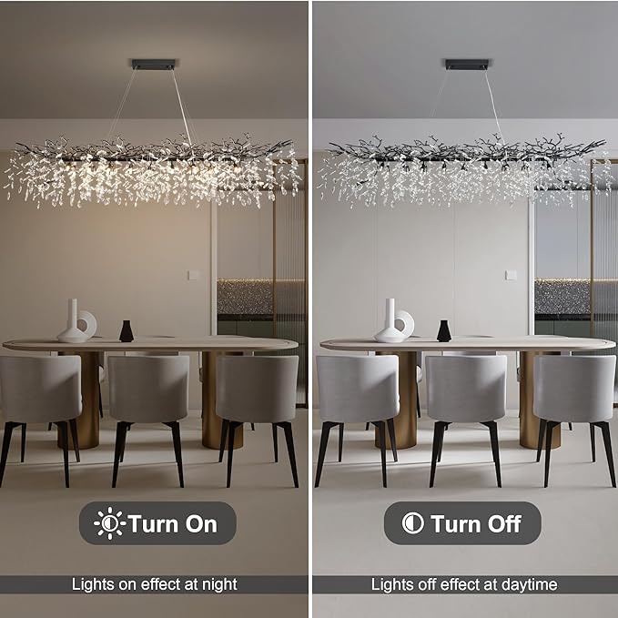 71" Black Crystal Chandelier, 20-Light Modern Tree Branch Chandelier, Luxury Rectangular K9 Crystal Raindrop Chandeliers for Dining Room Kitchen Island Living Room, Contemporary Pendant Light Fixture