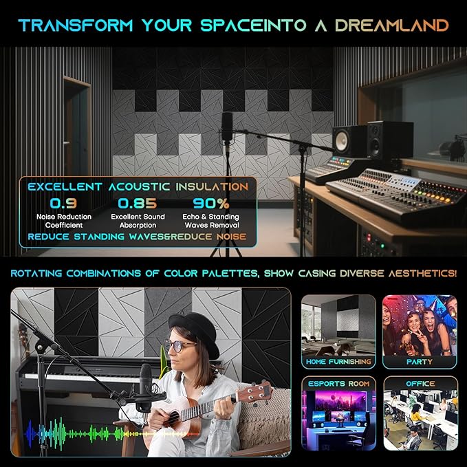 16 Pack Self-Adhesive Soundproof Wall Panels, 12 x 12 x 0.47 in Sound Proof Foam Panels for Walls, 1.2lb/ft³ High Density, Thicker 0.47in, Acoustic Panels, Noise Dampening Panels Studio Black