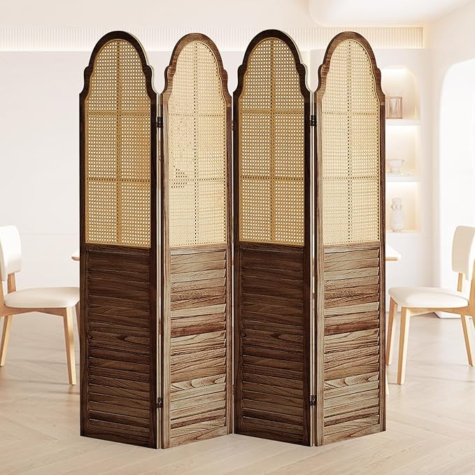 4 Panel Rattan Room Divider, 6 FT Tall Portable Partition Solid Wood Frame Folding Privacy Screen, Partition Room Divider Ideal for Bedroom Living Room Office, Dark Brown