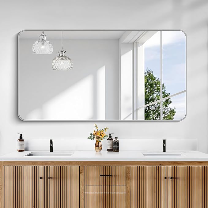 KOCUUY Silver Bathroom Mirror, 30x55 Inch Bathroom Mirror for Over Sink, HD Tempered Glass, Anti-Rust Brushed Silver Frame, Rounded Corner Modern Design for Bathroom, Hang Horizontal/Vertical