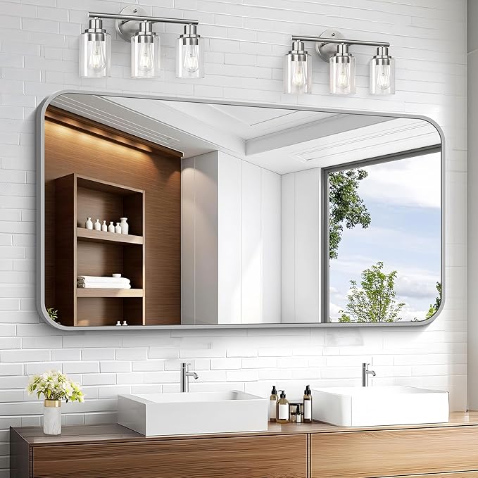 KOCUUY Silver Bathroom Mirror, 30x55 Inch Bathroom Mirror for Over Sink, HD Tempered Glass, Anti-Rust Brushed Silver Frame, Rounded Corner Modern Design for Bathroom, Hang Horizontal/Vertical
