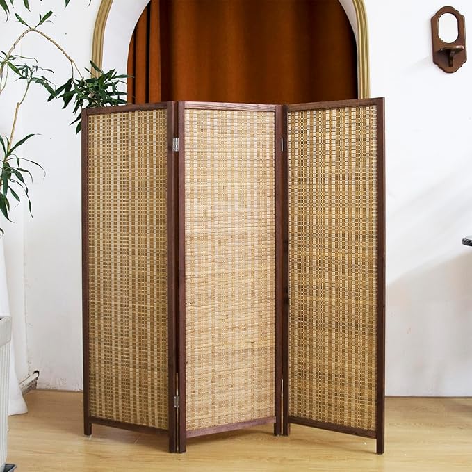 3 Panel Short Panel Divider Screen,3.95 FT Tall Bamboo Room Divider Folding Privacy Screen,Short Panel Divider Freestanding Room Divider for Room Seperation,Brown