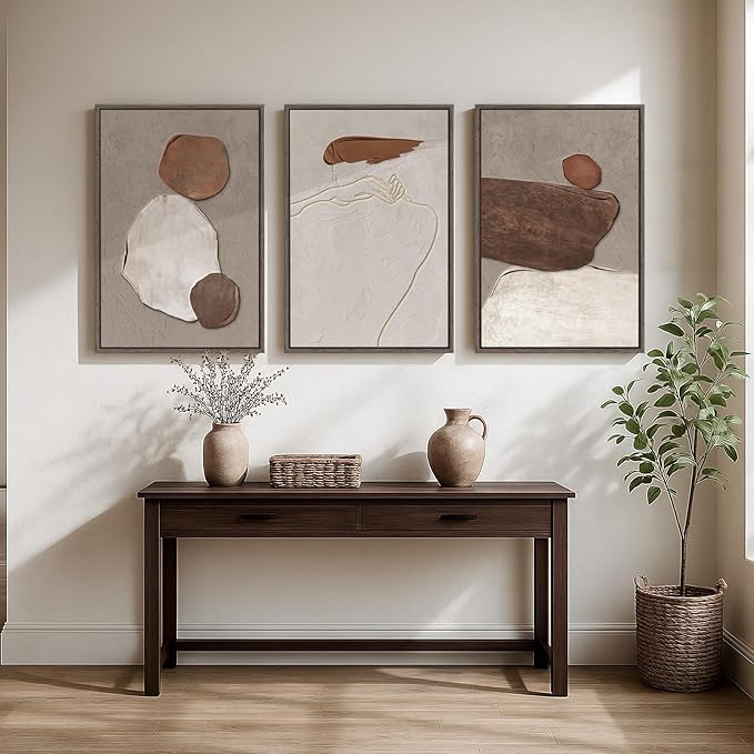 Large Framed Neutral Abstract Wall Art, 3 Piece Rustic Beige and Brown Canvas Prints Paintings Artwork for Walls, Minimalist Stone Pictures for Living Room Hallway Stair Office Wall Decor 20x30 In