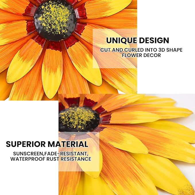 Metal Flowers Outdoor Decor 13" Metal Sunflower Wall Art Decorations Sunflower Wall Decor for Kitchen Living Room Porch Garden Yard