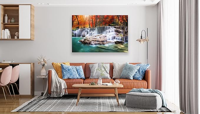 Aibonnly Wall Art Canvas Painting Red Forest Waterfalls 1 Piece Modern Landscape Tree Picture Poster Print Framed and Stretched Ready to Hang for Living Room Bedroom Kitchen Office Home Decor