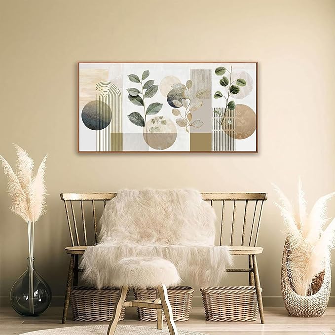 Boho Wall Art Minimalist Canvas Wall Art Decor Geometric Line Leaf Beige Green Wall Art Canvas Artwork Print Paintings Abstract Art Botanical Boho Room Office Home Wall Decor 20" X 40" With Framed