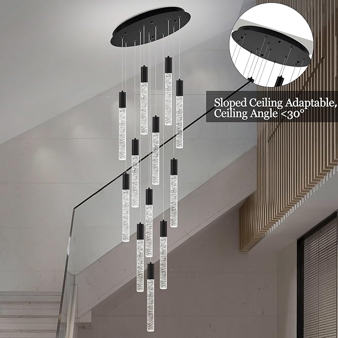 12-Lights High Ceiling Crystal Chandelier, Modern Large LED Raindrop Pendant Light Fixture 98.5" H Flush Mount Chandelier Black for Foyer Staircase Villa Living Room