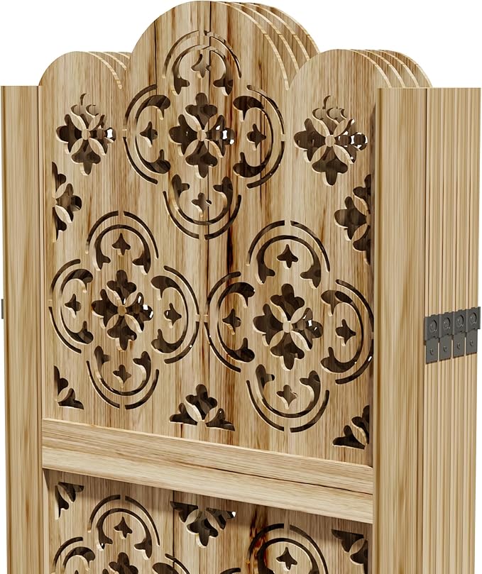 Casaphoria 4 Panels Room Divider, Folding Screen Room Divider with Copper Coin Pattern for Home Office, Restaurant and Bedroom, Paulownia Wood, 66" W x 67" H (Natural)