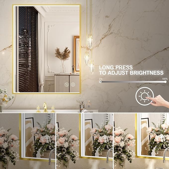 24x36 Inch LED Bathroom Mirror with Lights,Wall Mounted Lighted Mirrors with Non-Rusting Gold Metal Frame Anti-Fog Memory Funtion Stepless Dimmable, CRI90+,Waterproof