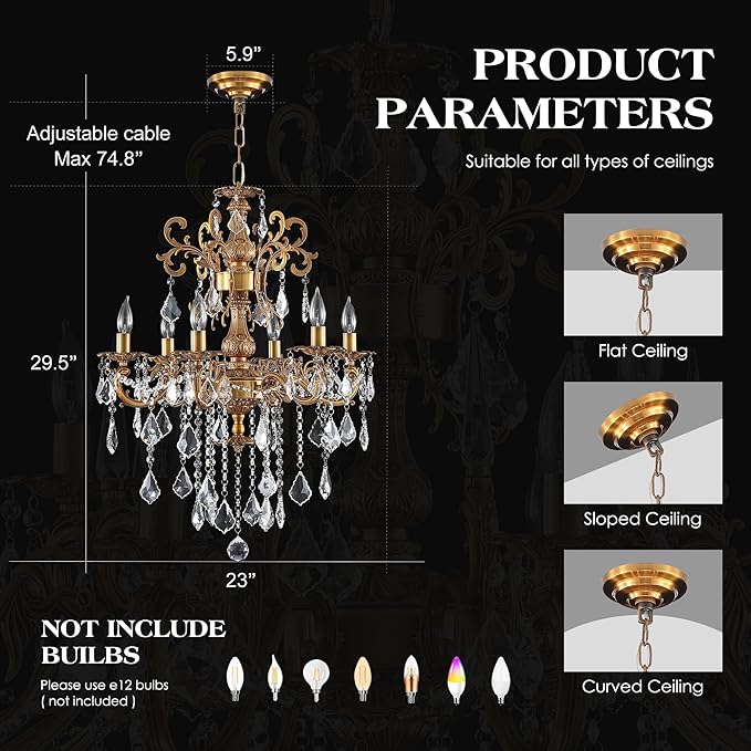 Luxury Antique Bronze Crystal Chandeliers with Candle Pendant Ceiling Light Fixture - 6 Lights Gold Crystal Chandelier for Dining Room, Living Room, Kitchen, Bedroom - D23 inch