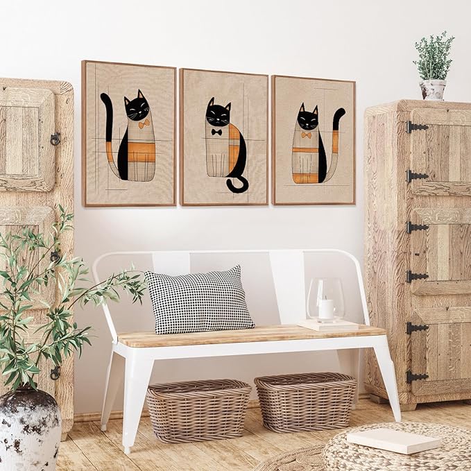 LHIUEM Boho Black Cats Wall Decor Vintage Cat Pictures Wall Art Set of 3(12”X16”) Whimsical Kitten Canvas Paintings Abstract Kitty Framed Art Gift Minimalist Bow Cat Posters for Room Office Aesthetic