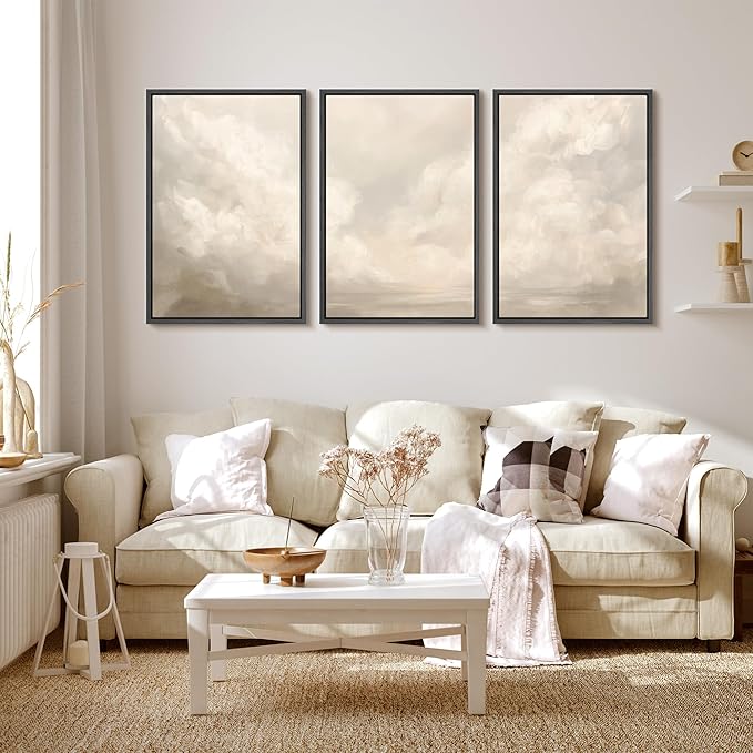 MUDECOR Framed Wall Art Print Set Neutral Cloudscape Soft Beige Abstract Sky Illustrations Modern Art Boho Decorative Colorful Chic for Living Room, Bedroom, Office - 24"x36"x3 Black