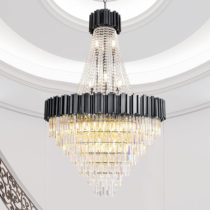 54" Long Crystal Chandelier for High Ceilings, 21-Light Modern Black Large Chandeliers for Staircase, Foyer, Entryway, Living Room, Hallway, Luxury Top K9 Crystal Tiered Ceiling Light Fixture