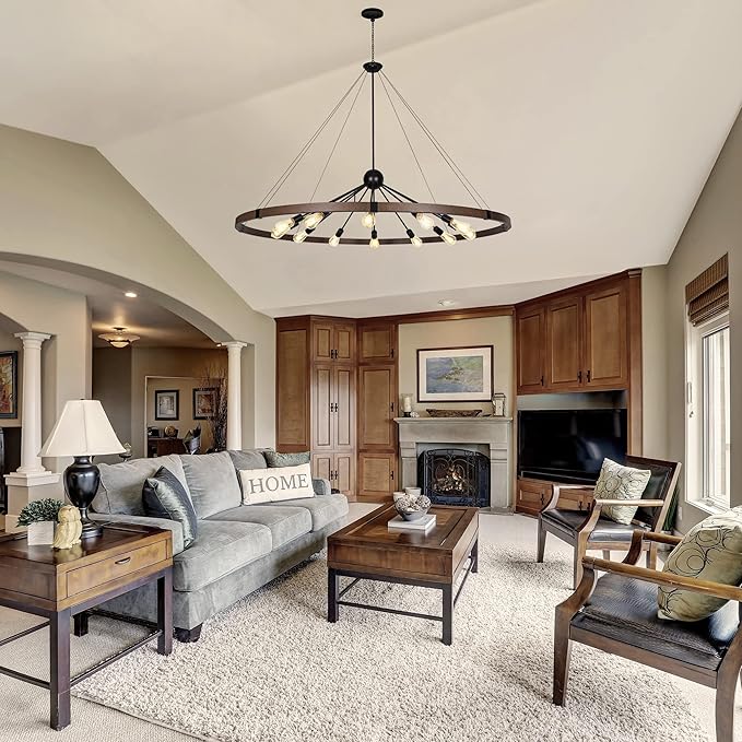 59'' Large Rustic Dining Room Light Fixture, 12-Light Farmhouse Wagon Wheel Chandelier, Industrial Round Chandeliers for Entryway Living Room, Vintage Rust and Black Finishe