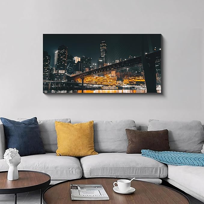 NAN Wind 1PCS Chongqing City Nightscape Canvas Wall Art Illuminated Chinese Skyline with Bridge Skyscrapers Modern Urban Landscape Photography Print for Living Room Office Bedroom Decor