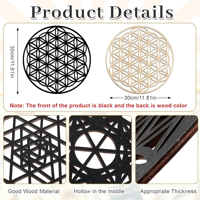 Leinuosen 4 Pcs 12 Inch Crystal Grid Board Sacred Geometric Wall Art Set Metatron Cube, Flower of Life, Sri Yantra, 64 Star Tetrahedron Pagan Decor Home Wall Decor for Room(Black)