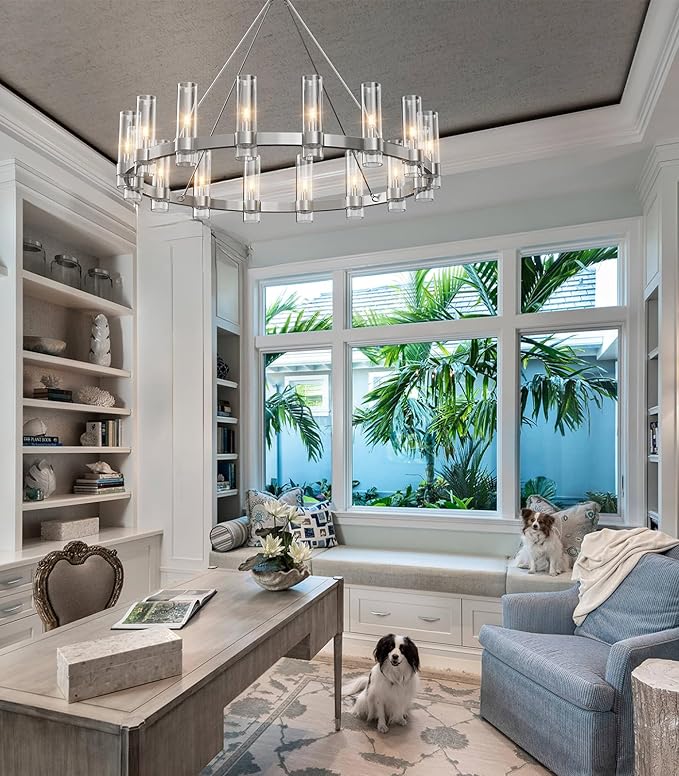 Modern Chandelier,Wagon 16-Lights Wheel Chandelier with Glass Shade, Nickel 48 Inch Large Round Industrial High Ceilings Pendant Lighting Fixture for Dining Room, Living Room, Foyer