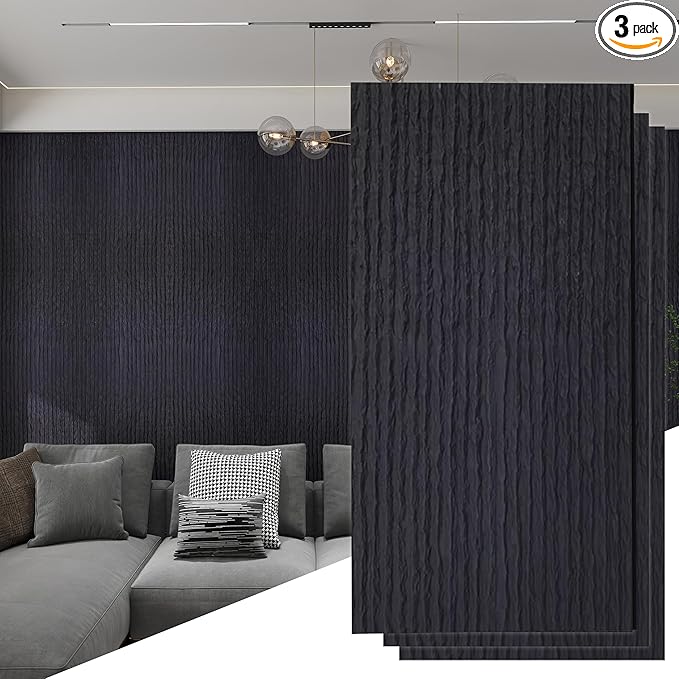 KASARO 3D Panels for Interior Wall Decor, Faux Stone PU Wall Panels, Decorative Textured Flowstone Wall Covering Panels, 47.24" x 23.62" Waterproof, Bedroom Hotel Office Shop, Black, 3 Pack