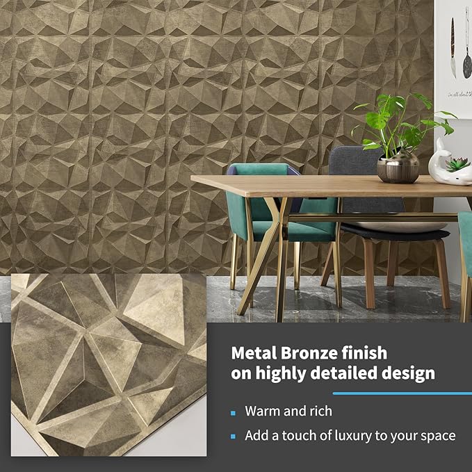 Art3d Textures 3D Wall Panels Antique Gold Diamond Design for Interior Wall Decor Pack of 12 Tiles 32 Sq Ft (PVC)