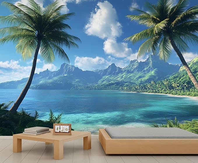 Blue Sky Sea Wall Murals, Coconut Trees Mural Wallpaper, Green Mountains Wall Decor, White Clouds Mural for Bedroom, Island Scenery Wallpaper for Living Room 196"（W） x 118"（H）
